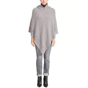 Steve Madden One Size Grey Hooded Woven Poncho Crochet Knit Soft Cozy Cape